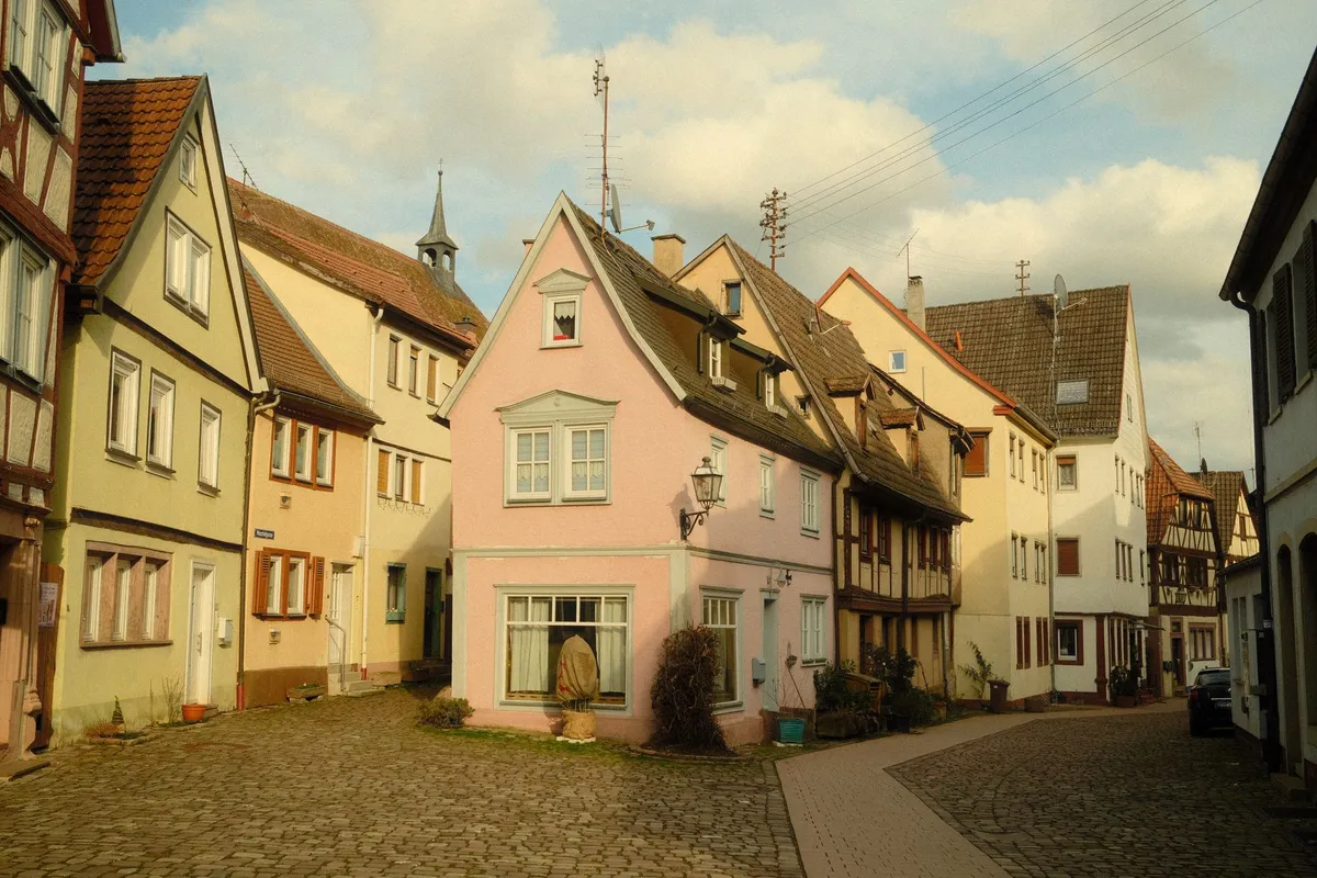 Kopfsteinpflastergasse in einer Altstadt mit pastellfarbenen Häusern und Fachwerk